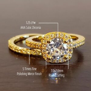 Ahloe Jewelry CEJUG 18K Gold Plated Wedding Rings for Women Engagement Bridal Ring Set Wedding Bands Halo Round Golden 1.5Ct Cz Size 11