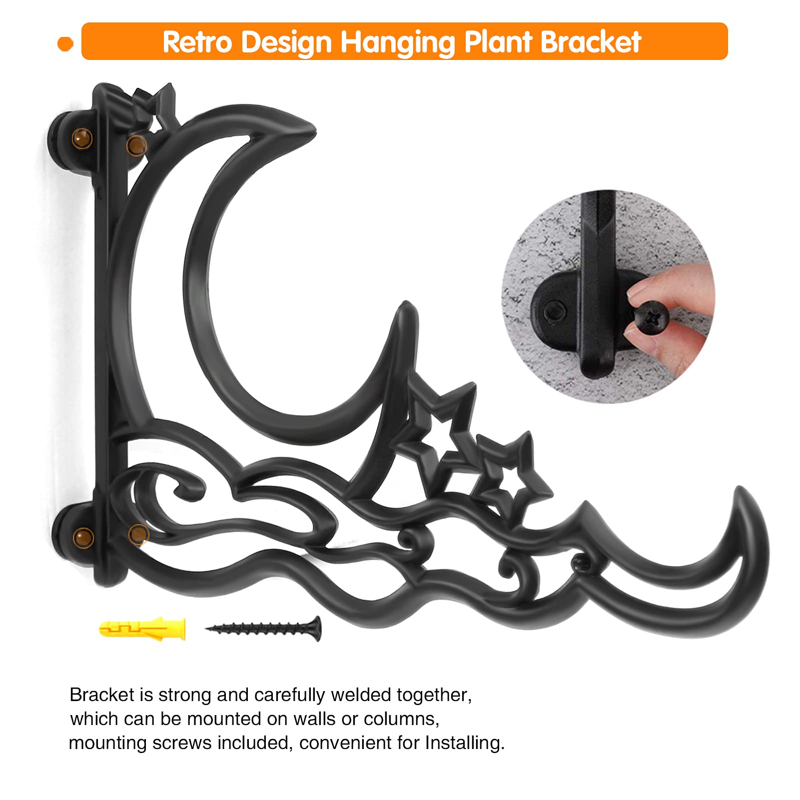 2pcs 13 Inch Heavy Duty Hanging Plant Brackets, Sun Moon Star Metal Hanging Hook Wall Art Décor Outdoor Indoor, Durable Rust-Resistant Plant Hanger Hook for Hanging Plants Birdhouse Lantern Wind Chime