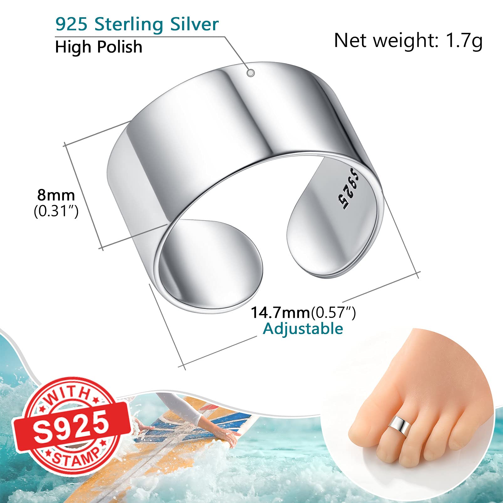 PROSILVER 925 Sterling Silver Toe Ring Open Ring Adjustable Toe Rings For Men Women Wide Wrap Toe Ring Band