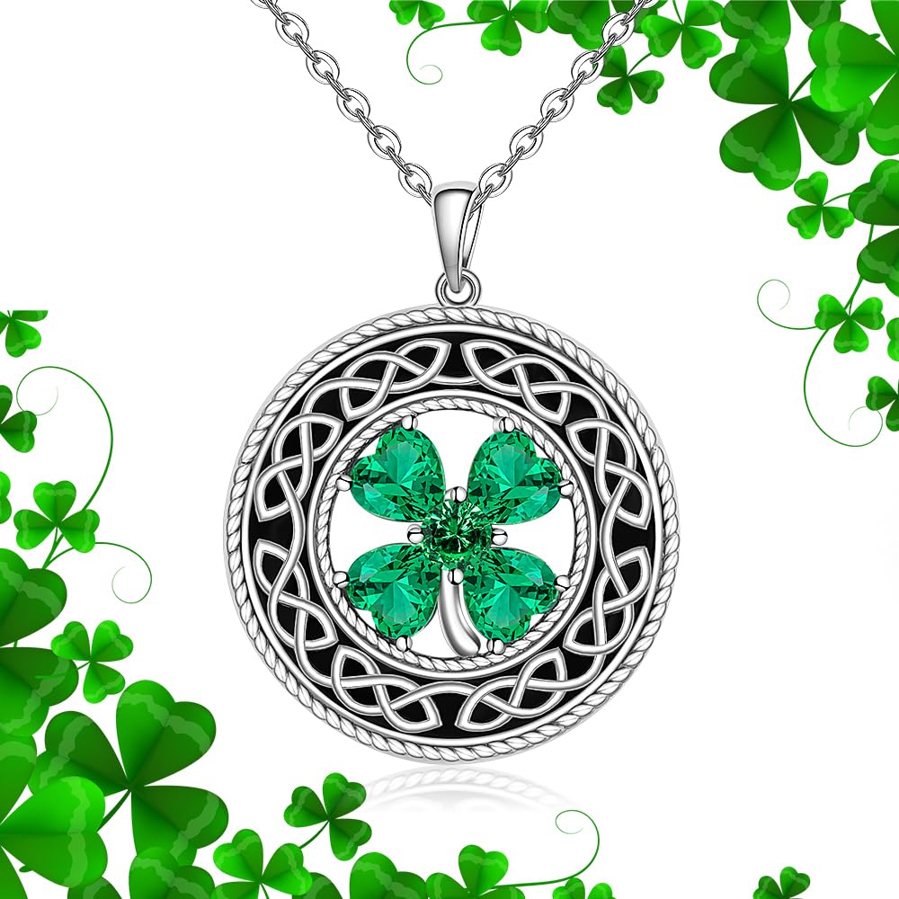 Celtic Knot Shamrock Necklace for Women Sterling Silver St Patricks Day Four Leaf Clover Necklace Good Luck Pendant CZ Jewelry Infinity Valentines Day Necklaces for Her Gifts