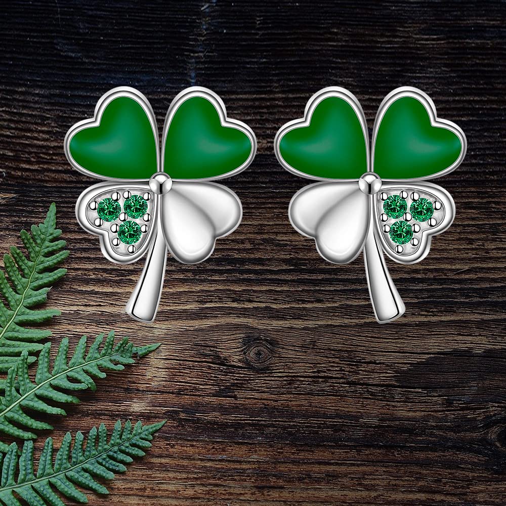 St Patricks Day Shamrock Earrings for Women Sterling Silver Four Leaf Clover Earrings Studs Green Shamrock Jewelry Holiday Gifts