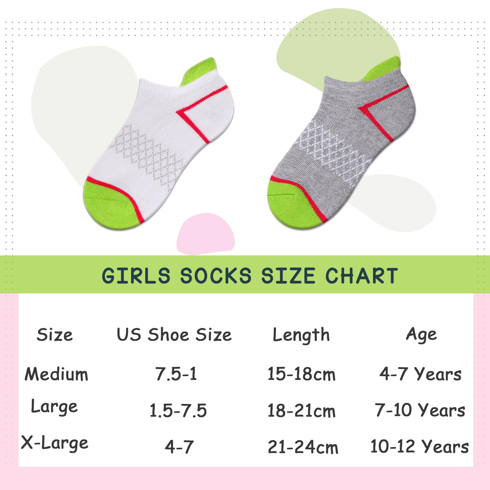 Comfoex 12 Pairs Girls Socks Ankle Athletic Socks Cotton Sports Socks With Cushioned Sole For Big Little Kids,Big Kid