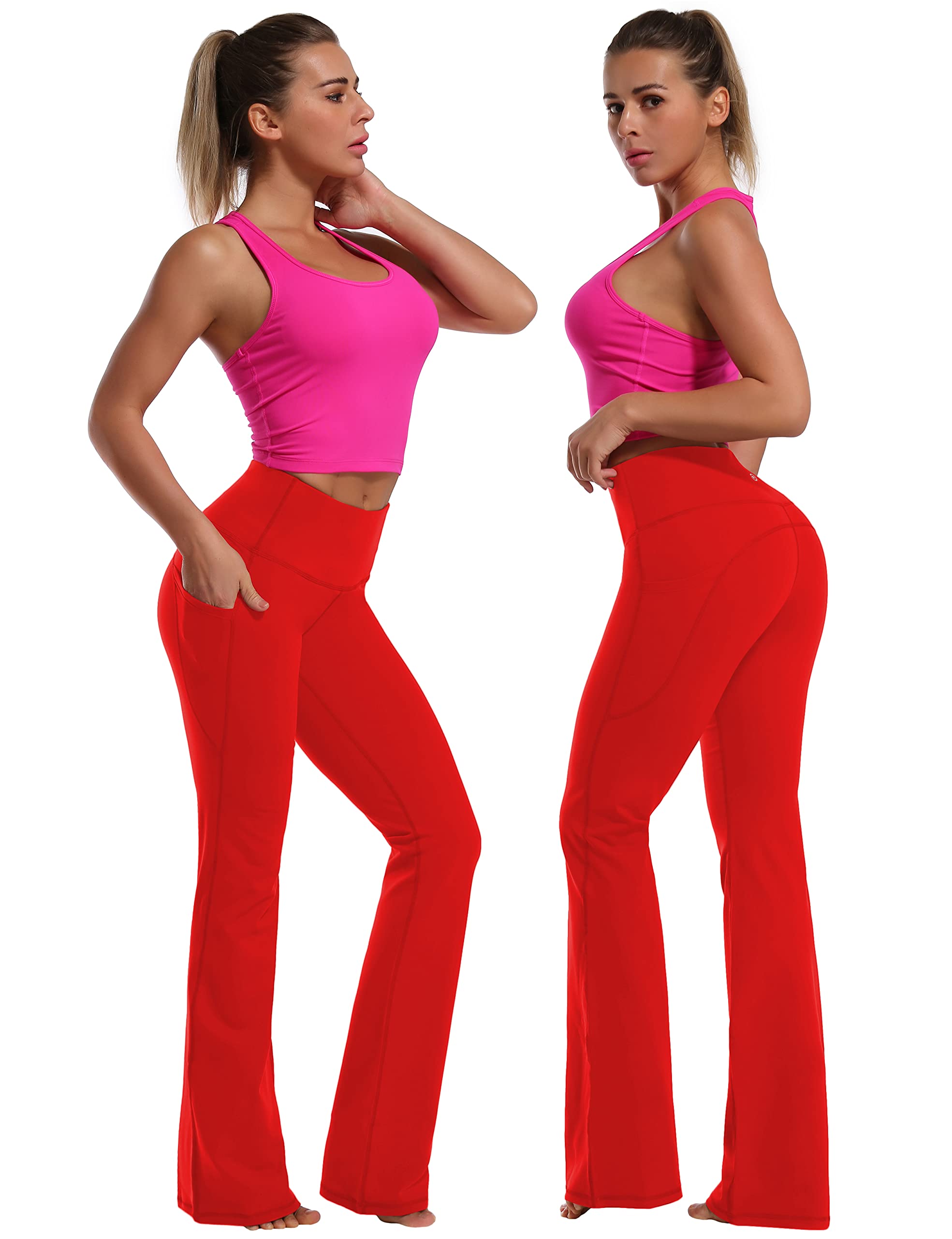 BUBBLELIME 29"/31"/33"/35" 4 Styles Women's Bootcut Yoga Pants Tummy Control - Side Pockets_Scarlet L_29" Inseam