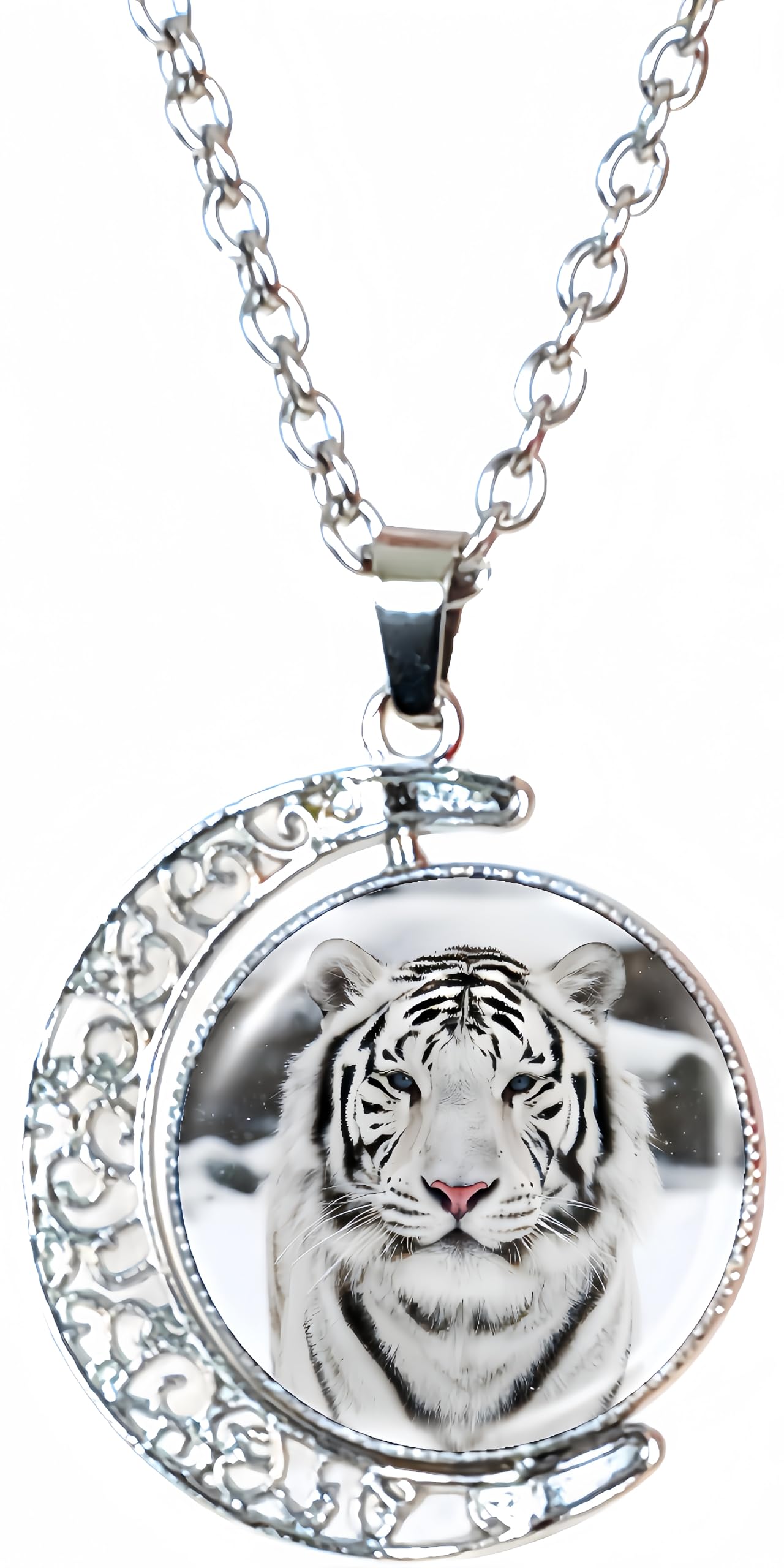 DEQIYIJI Tiger Gifts White Tiger Moon Pendant Necklace Jewelry For Women Tiger Lovers Stuff Silver