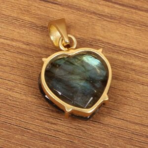 Heart Shape Blue Fire Labradorite Gemstone Gold Plated Brass Pendant, Green (AMZI-1108)