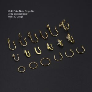 PiercingArt 18Pcs Fake Nose Rings 14K Gold Plated Non Piercing Nose Cuff Set Clip On Nose Ring Hoop Faux Nose Piercing Jewelry for Women Girls