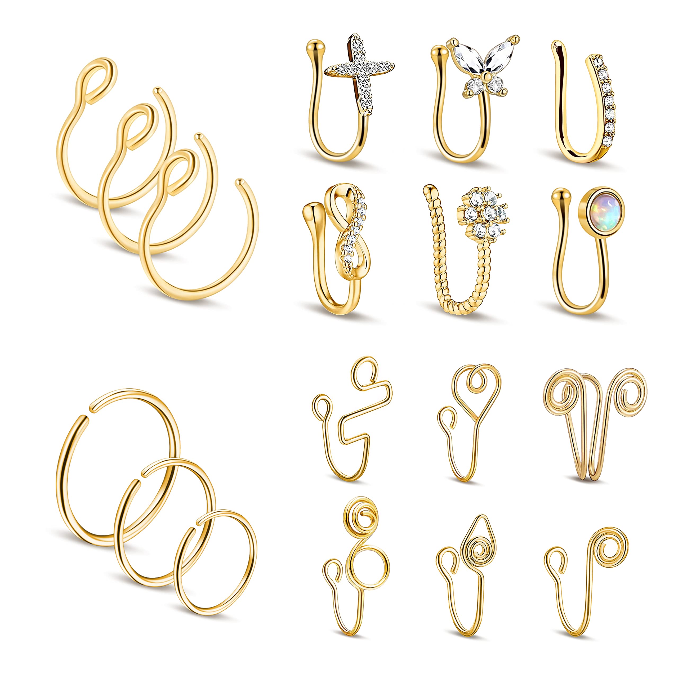 PiercingArt 18Pcs Fake Nose Rings 14K Gold Plated Non Piercing Nose Cuff Set Clip On Nose Ring Hoop Faux Nose Piercing Jewelry for Women Girls