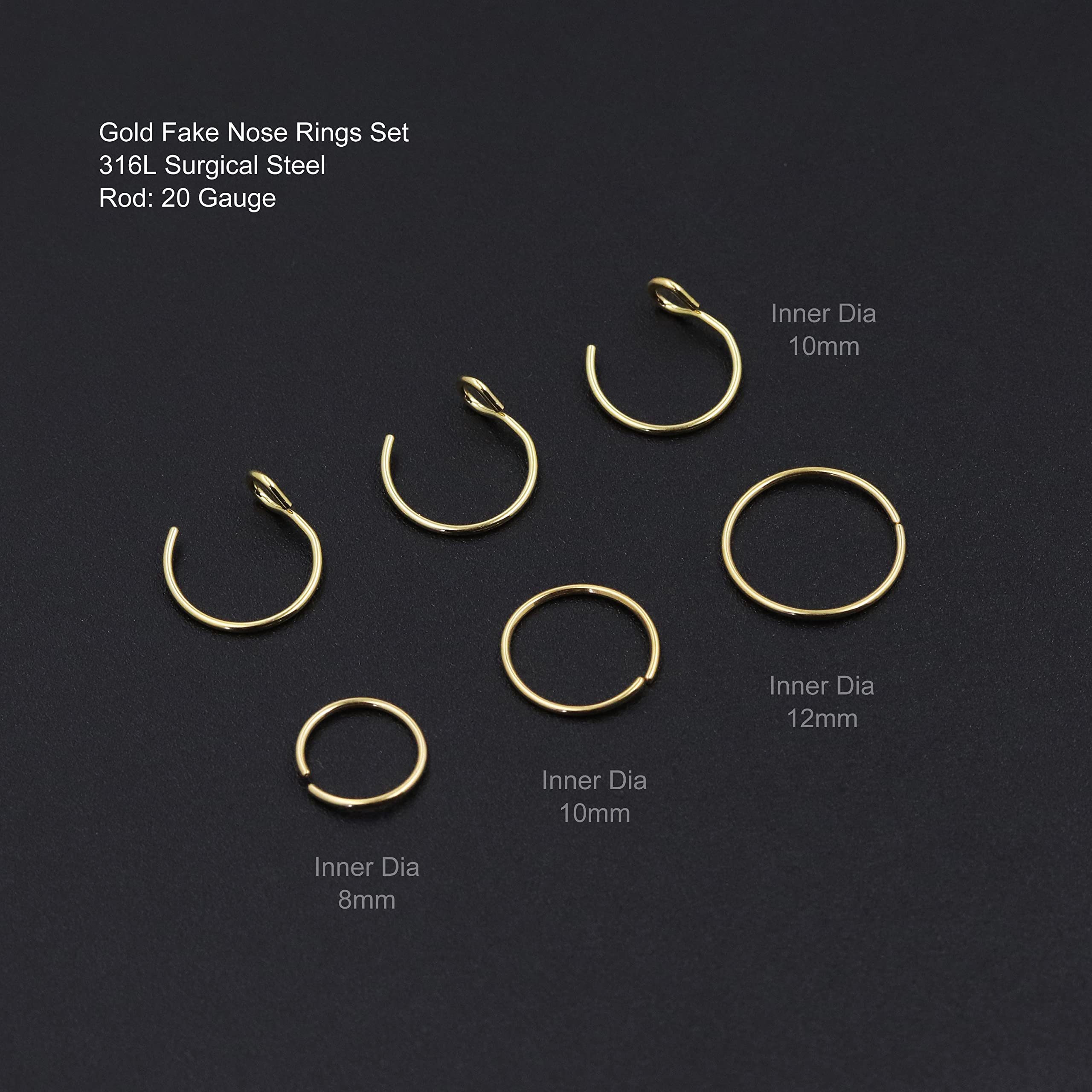 PiercingArt 18Pcs Fake Nose Rings 14K Gold Plated Non Piercing Nose Cuff Set Clip On Nose Ring Hoop Faux Nose Piercing Jewelry for Women Girls