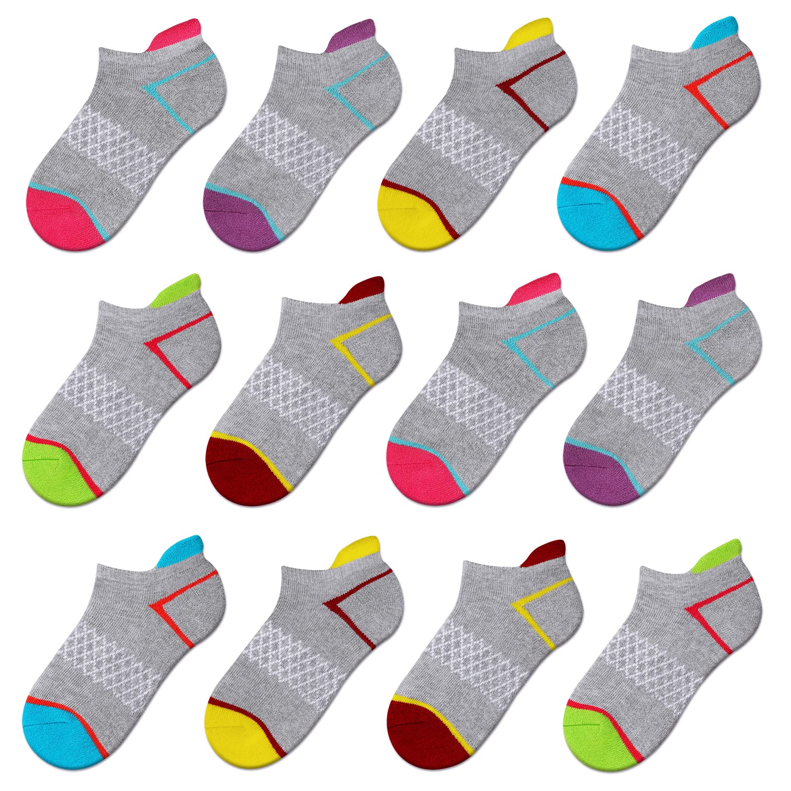 Comfoex 12 Pairs Girls Socks Ankle Athletic Socks Cotton Sports Socks With Cushioned Sole For Big Little Kids