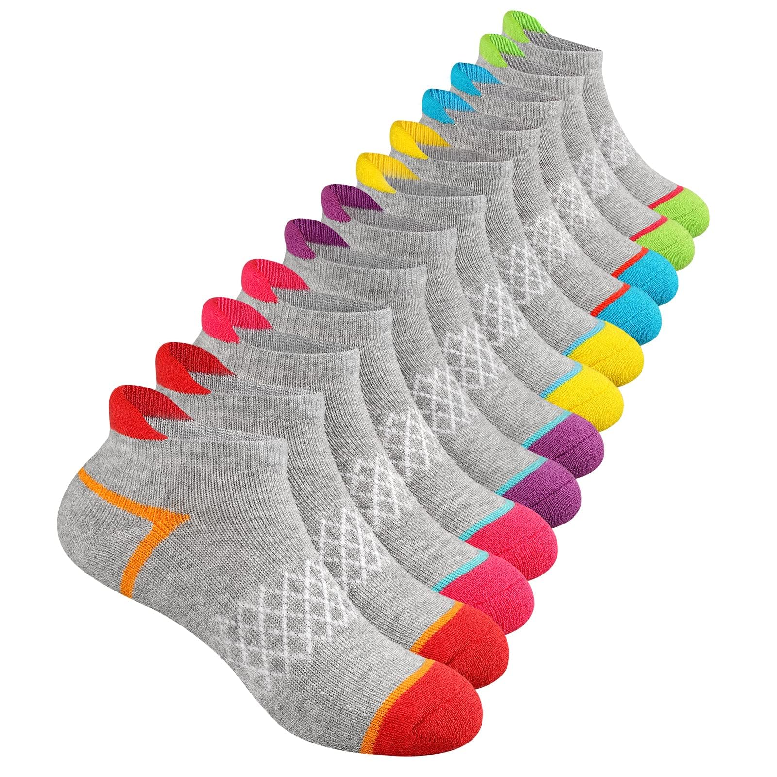 Comfoex 12 Pairs Girls Socks Ankle Athletic Socks Cotton Sports Socks With Cushioned Sole For Big Little Kids