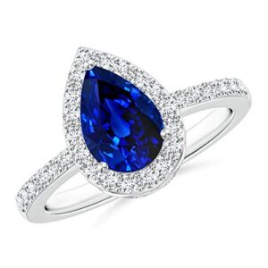 1.85ctw pear shaped blue sapphire & cubic zirconia halo prong set engagement wedding ring 14k white gold plated