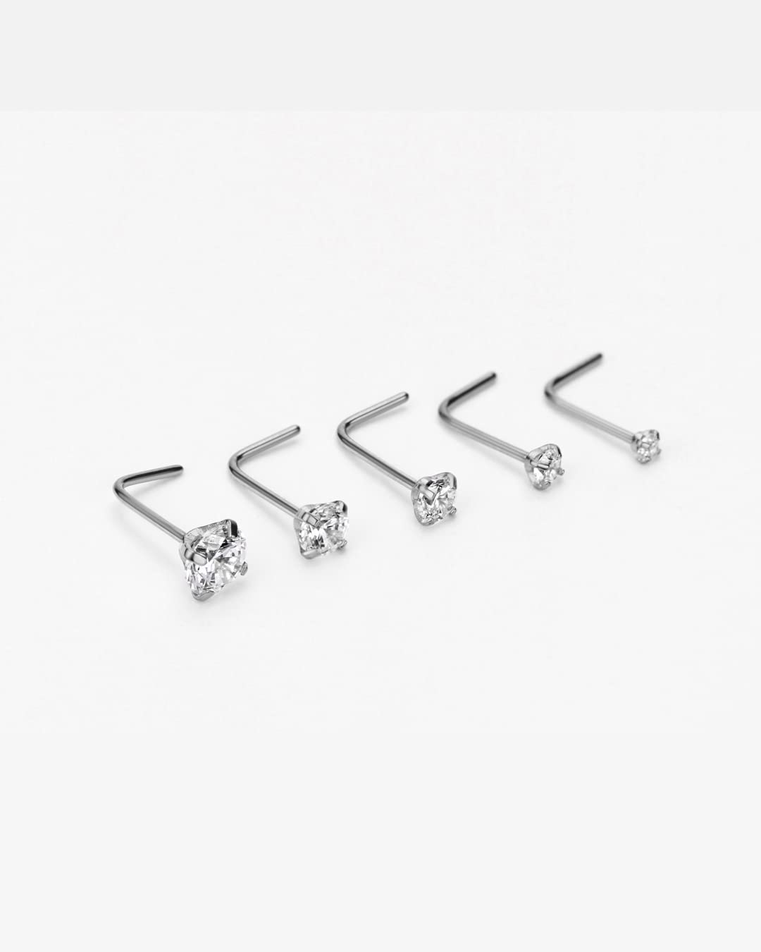 FANSING 5pcs 22g Surgical Steel Nose Rings Studs 1.5mm 2mm 2.5mm 3mm 4mm CZ Diamond Nose Studs Cubic Zirconia Nose Stud Silver L Shaped Nose Studs for Women Nostril Piercing Jewelry 22 Gauge