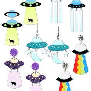 MTLEE 5 Pairs UFO Aliens Acrylic Earrings Cosmos Weird Earrings Women Novelty Fun Earrings Halloween Alien Earrings Glitter Space Earrings Cute Dangle Earrings for Girls, Multiple Colors