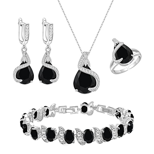 GZWHD Jewelry Set Gift for Women, Black Waterdrop Created Spinel, Party Prom Jewelry, Silver-Tone Earrings Necklace Bracelet Open Ring, Birthday Gifts for Best Friends Mom