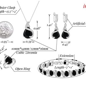 GZWHD Jewelry Set Gift for Women, Black Waterdrop Created Spinel, Party Prom Jewelry, Silver-Tone Earrings Necklace Bracelet Open Ring, Birthday Gifts for Best Friends Mom