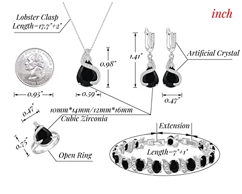 GZWHD Jewelry Set Gift for Women, Black Waterdrop Created Spinel, Party Prom Jewelry, Silver-Tone Earrings Necklace Bracelet Open Ring, Birthday Gifts for Best Friends Mom