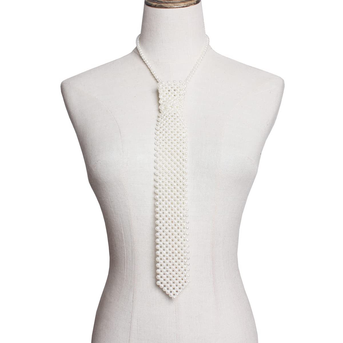 mollensiuer 1 Piece White Artificial Pearls Neck Tie Handmade Weaving Ladies Shirt Necklace Neck Tie Beaded Tie Necklace for Women