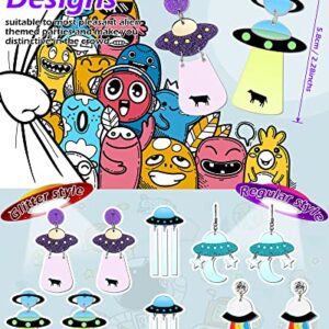 MTLEE 5 Pairs UFO Aliens Acrylic Earrings Cosmos Weird Earrings Women Novelty Fun Earrings Halloween Alien Earrings Glitter Space Earrings Cute Dangle Earrings for Girls, Multiple Colors