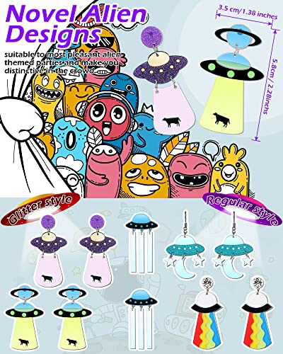 MTLEE 5 Pairs UFO Aliens Acrylic Earrings Cosmos Weird Earrings Women Novelty Fun Earrings Halloween Alien Earrings Glitter Space Earrings Cute Dangle Earrings for Girls, Multiple Colors