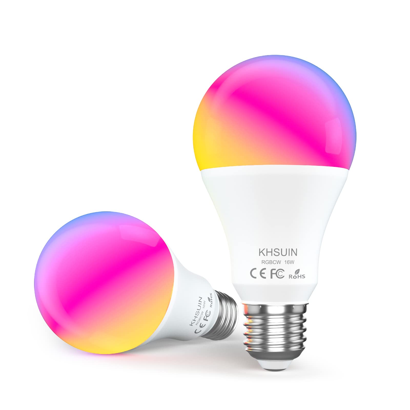 KHSUIN Bluetooth WiFi Smart Light Bulbs 150W Equivalent, 16W Dimmable 1600LM Smart Bulb Works with Alexa Google Home No Hub, E26 A19 LED Alexa Light Bulb, 2 Pack 2700-6500K RGBCW Color Changing CRI>90