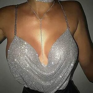 Fstrend Rhinestones Body Chains Chest Sparkly Crystal Bikini Bra Silver Halter Backless Party Rave Accessories for Women(Silver)