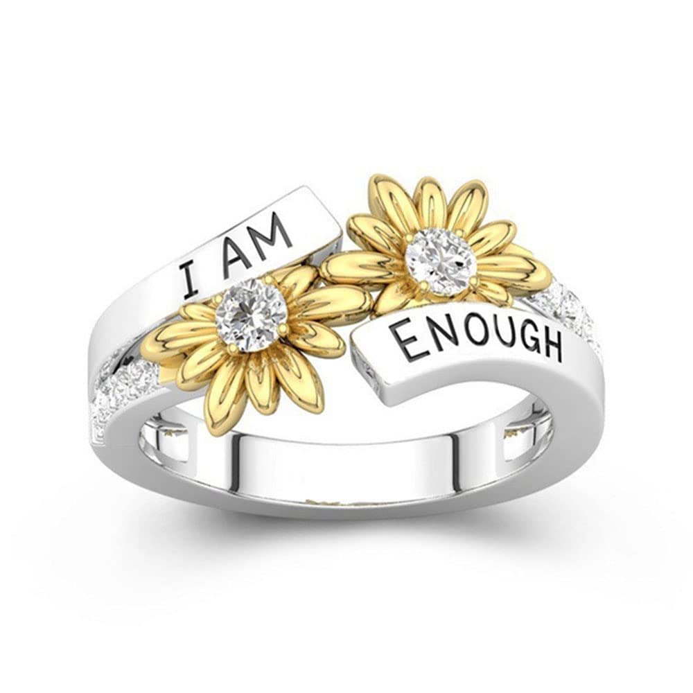 Daisy Flower Band Rings for Women I AM Enough Encouragement Inpiration Mantra Graduation Fashion Cubic Zirconia Statement Stacking Middle Knuckle Finger Ring Daughter Bff Fashion Birthday Valentine's Day Sweet CZ Crystal Gifts (10)