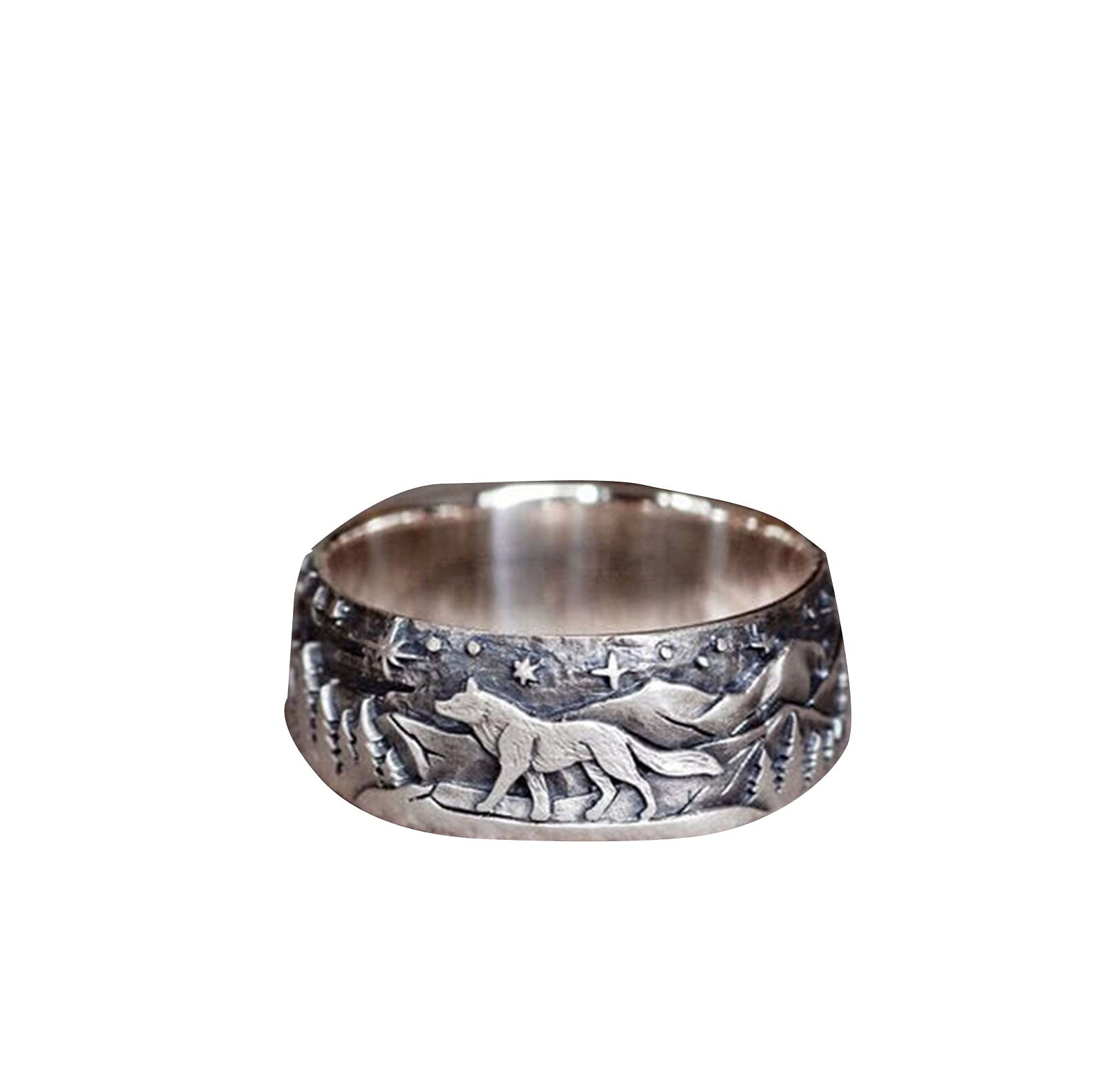 Winnerlion Women's Loyal Wolf Ring Couple Retro Pair Ring Fashion Ring Mens Womens Spinner Band Ring 925 Sterling Silver Statement Boho Rings for Women (Silver Men, B10)