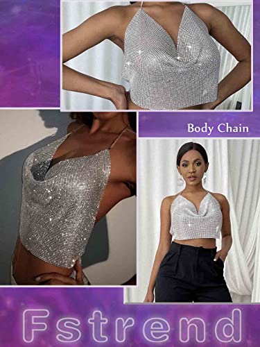 Fstrend Rhinestones Body Chains Chest Sparkly Crystal Bikini Bra Silver Halter Backless Party Rave Accessories for Women(Silver)