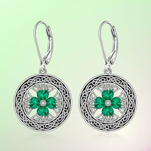 St Patricks Day Shamrock Earrings for Women Sterling Silver Green Celtic Knot Four Leaf Clover Irish Dangle Drop Earrings Crystal Vintage Black Circle Leverback Valentines Day Gift