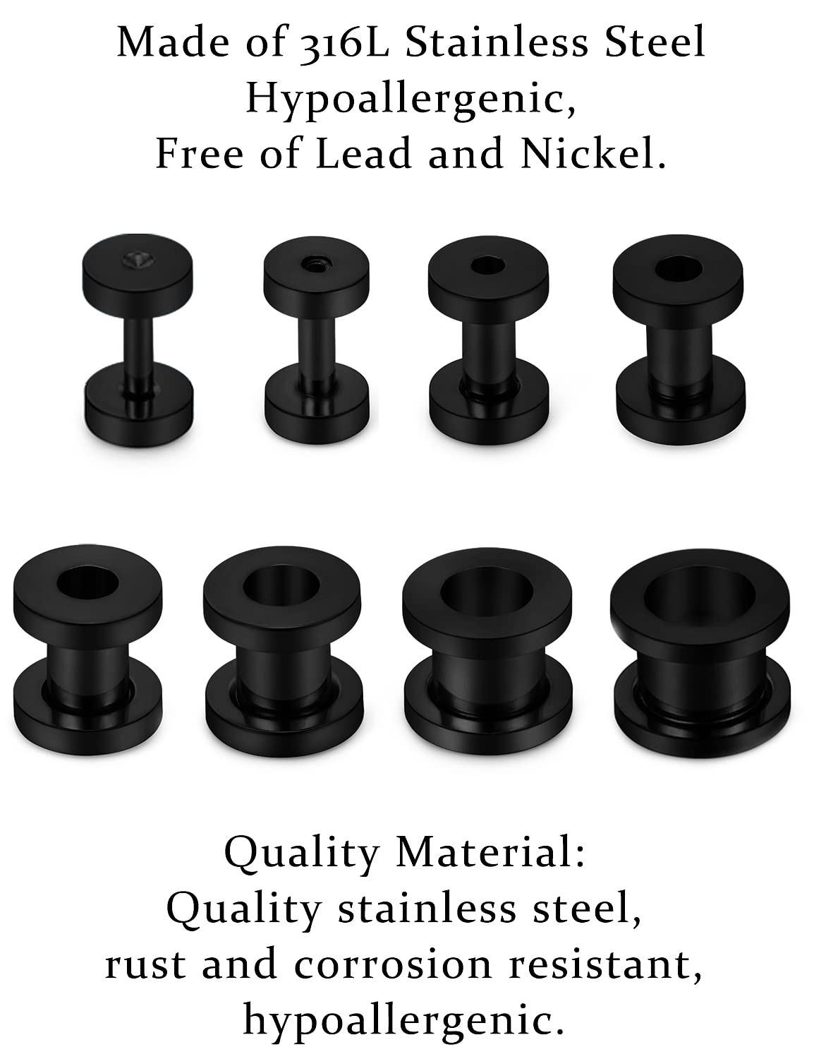 Vsnnsns 14G 12G 8G 6G 4G 2G 0G 00G 316L Surgical Stainless Steel Ear Gauges Tunnel Plug Earrings Expander Stretcher Piercings Jewelry for Women Men 8 Pairs Black 1.6mm - 10mm 14 Gauge - 00Gauge