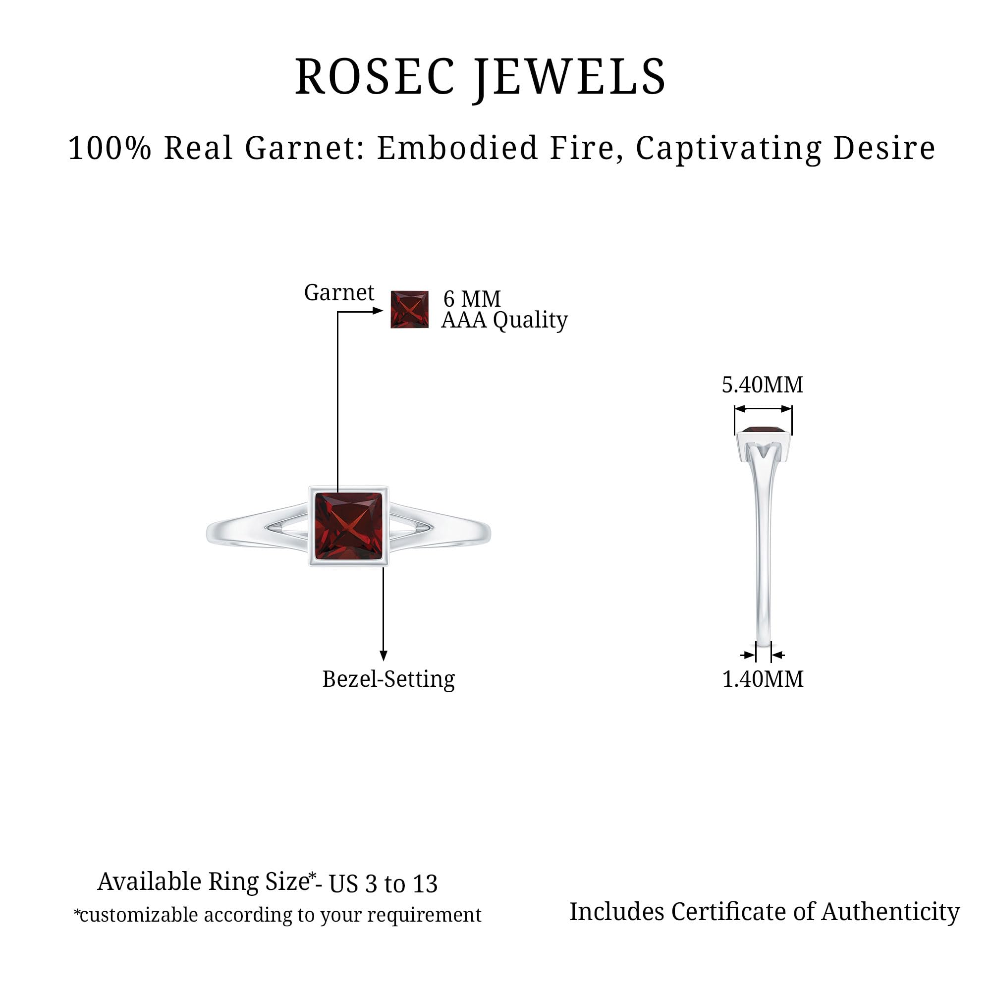 Rosec Jewels Natural Garnet Promise Ring for Women, AAA Quality, 6mm Princess Cut Garnet January Birthstone Ring - Ready To Gift, 14K Yellow Gold, Size:US 9.00