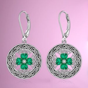 St Patricks Day Shamrock Earrings for Women Sterling Silver Green Celtic Knot Four Leaf Clover Irish Dangle Drop Earrings Crystal Vintage Black Circle Leverback Valentines Day Gift