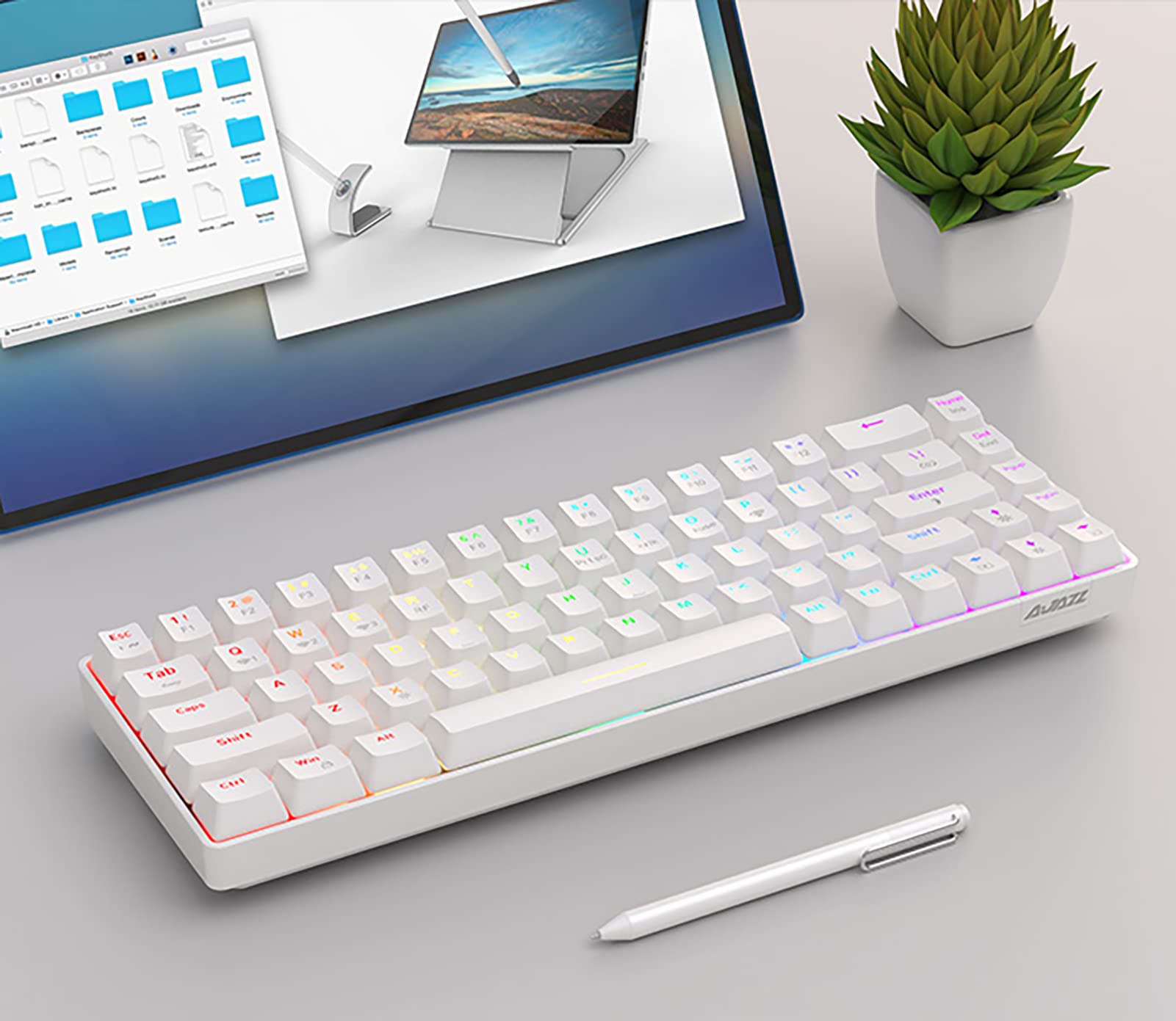 Ajazz K685T Wireless 60% Mechanical Keyboard, Bluetooth/2.4G/Wired Multi-Mode, RGB Backlight, N-Key Rollover 68 Keys, Hot Swap Switch, Compatible for Multi-Device Connection (White, Red Switch)