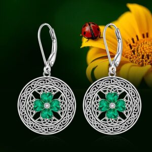 St Patricks Day Shamrock Earrings for Women Sterling Silver Green Celtic Knot Four Leaf Clover Irish Dangle Drop Earrings Crystal Vintage Black Circle Leverback Valentines Day Gift