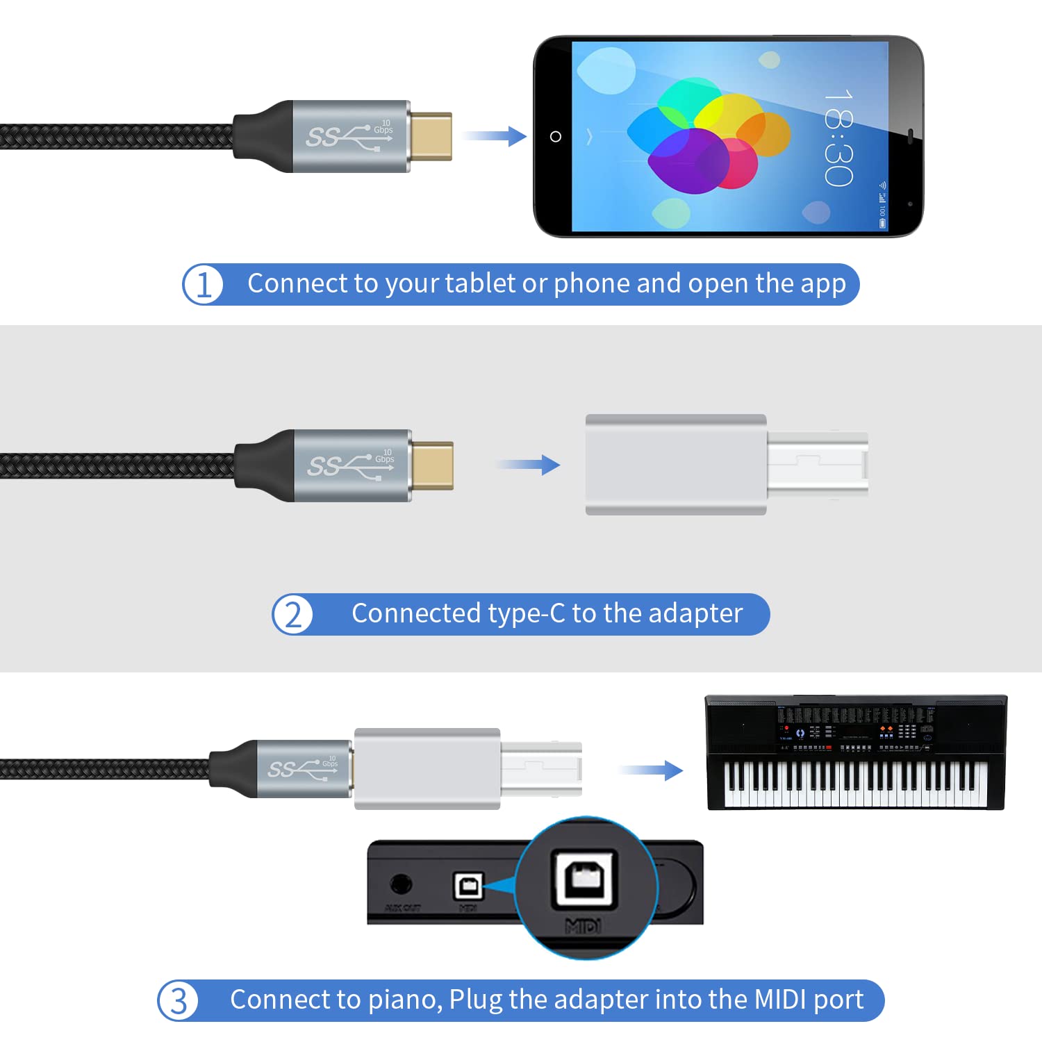 Duttek USB C to USB B Adapter 2Pack, USB C to Midi, USB C Female to USB B Male Adapter Connector for Printers, Mice, Keyboards, Eectric Pianos (Silver)