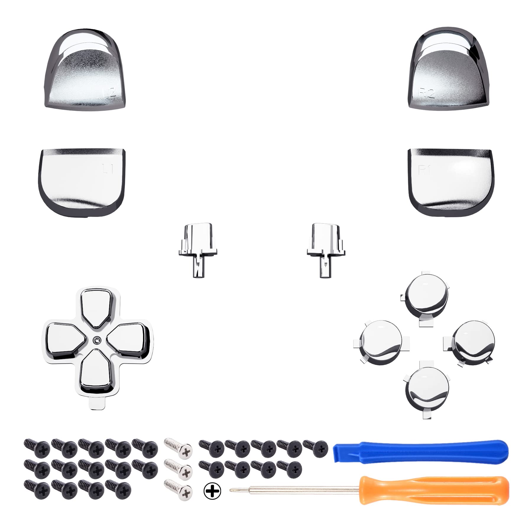 eXtremeRate Replacement D-pad R1 L1 R2 L2 Triggers Share Options Face Buttons, Chrome Silver Full Set Buttons Compatible with ps5 Controller BDM-010 & BDM-020