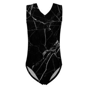 uniceu gymnastics tumbling dance leotards for girls kid teens, black marble texture pattern one piece sleeveless tank swimwear