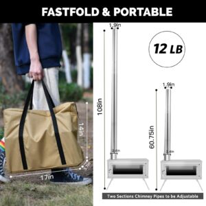 Fastfold Hot Tent Stove with Reinforced Body, Hot Tent Wood Stove with Secondary Combustion, Packable Camping Tent Stove with Carry Bag for Backpack, Fishing, Heating and Cooking, 94.5"Chimney