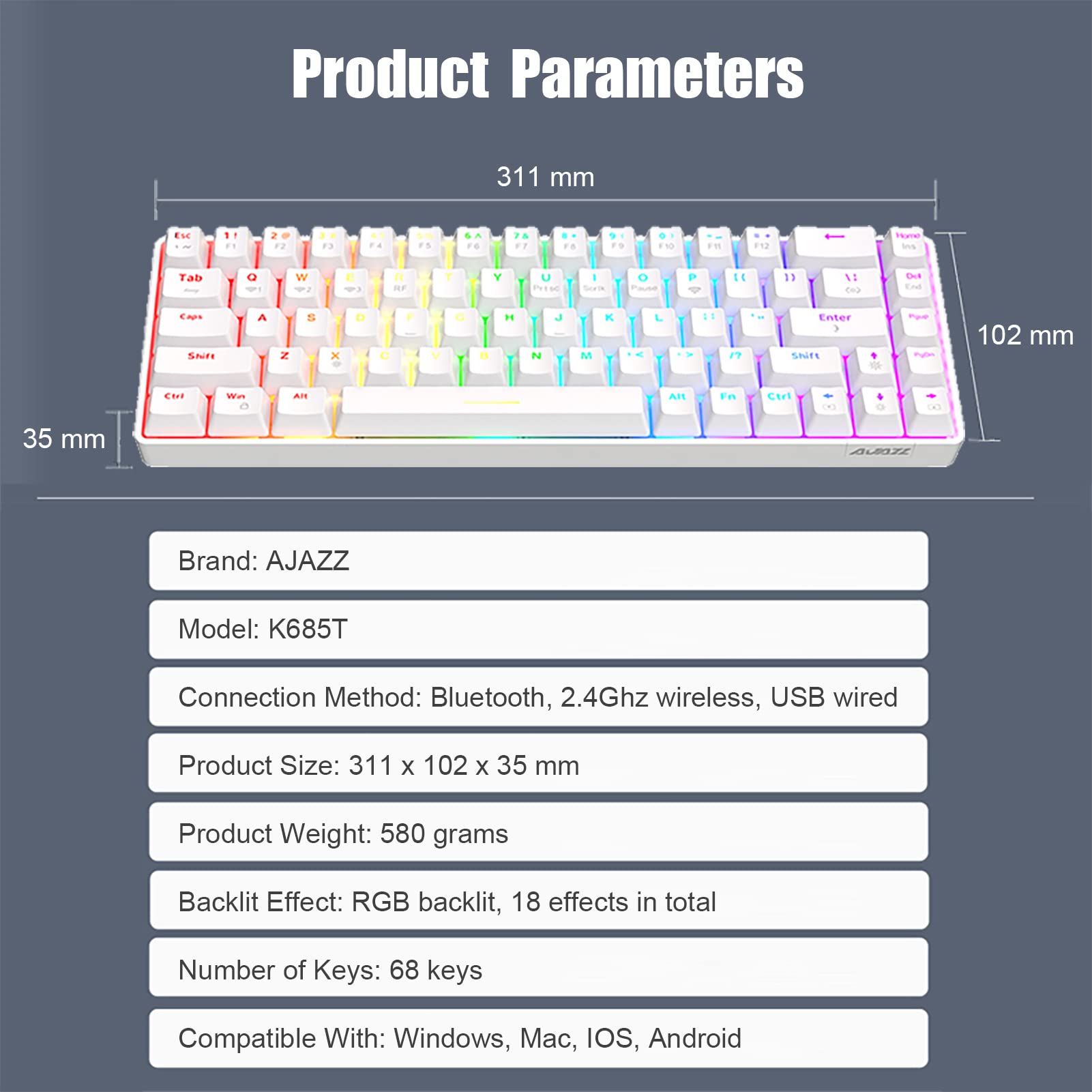 Ajazz K685T Wireless 60% Mechanical Keyboard, Bluetooth/2.4G/Wired Multi-Mode, RGB Backlight, N-Key Rollover 68 Keys, Hot Swap Switch, Compatible for Multi-Device Connection (White, Red Switch)