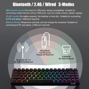 Ajazz K685T Wireless 60% Mechanical Keyboard, Bluetooth/2.4G/Wired Multi-Mode, RGB Backlight, N-Key Rollover 68 Keys, Hot Swap Switch, Compatible for Multi-Device Connection (White, Red Switch)