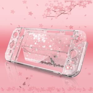 Switch OLED Protective Case, Switch OLED Clear Case with Tempered Glass Screen Protector and Thumb Grips - Cherry Blossom