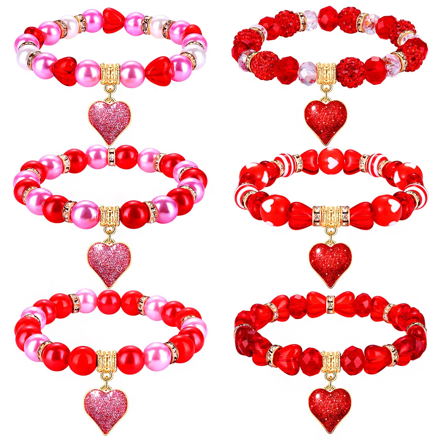 XOCARTIGE 6PCS Valentine’s Day Bracelets Red Heart Charms Bracelets for Women Crystal Pearl Beaded Stretch Bracelet Set Festive Birthday Party Gifts (6PCS Red Bracelets)