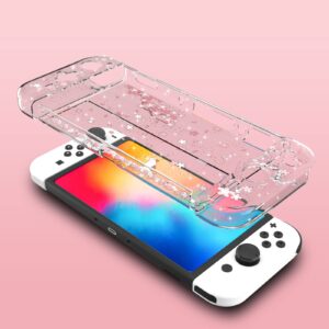 Switch OLED Protective Case, Switch OLED Clear Case with Tempered Glass Screen Protector and Thumb Grips - Cherry Blossom