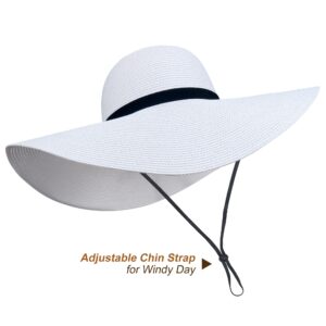 Naivlizer Women Wide Brim Sun Hat UPF50 Straw Summer Hat Floppy Beach Hat Roll-Up,Tie White