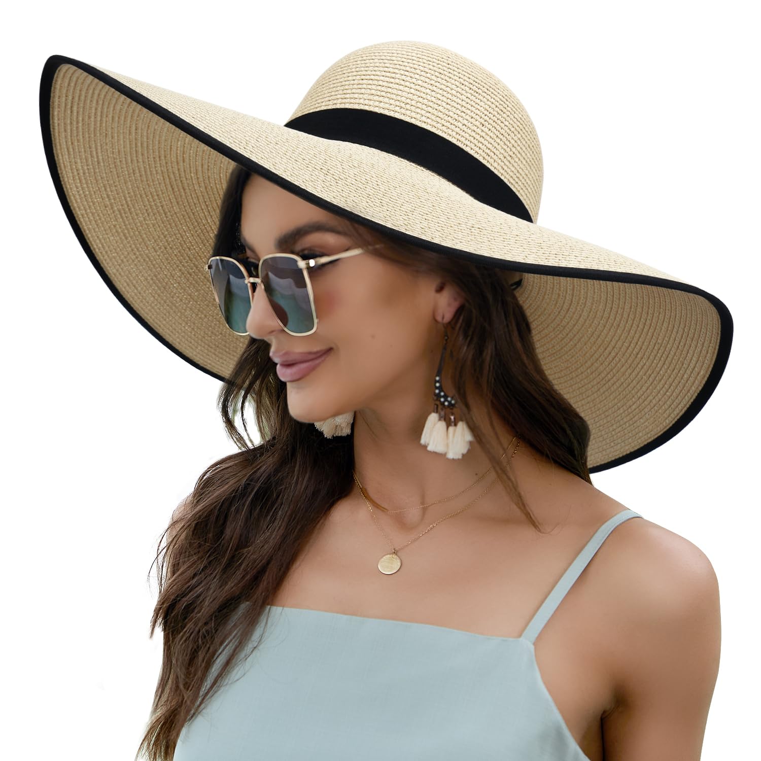 Naivlizer Women Wide Brim Sun Hat UPF50 Straw Summer Hat Floppy Beach Hat Roll-Up,Beige