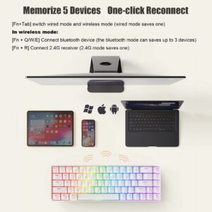 Ajazz K685T Wireless 60% Mechanical Keyboard, Bluetooth/2.4G/Wired Multi-Mode, RGB Backlight, N-Key Rollover 68 Keys, Hot Swap Switch, Compatible for Multi-Device Connection (White, Red Switch)