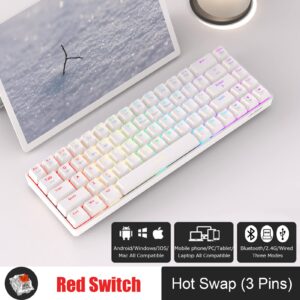 Ajazz K685T Wireless 60% Mechanical Keyboard, Bluetooth/2.4G/Wired Multi-Mode, RGB Backlight, N-Key Rollover 68 Keys, Hot Swap Switch, Compatible for Multi-Device Connection (White, Red Switch)