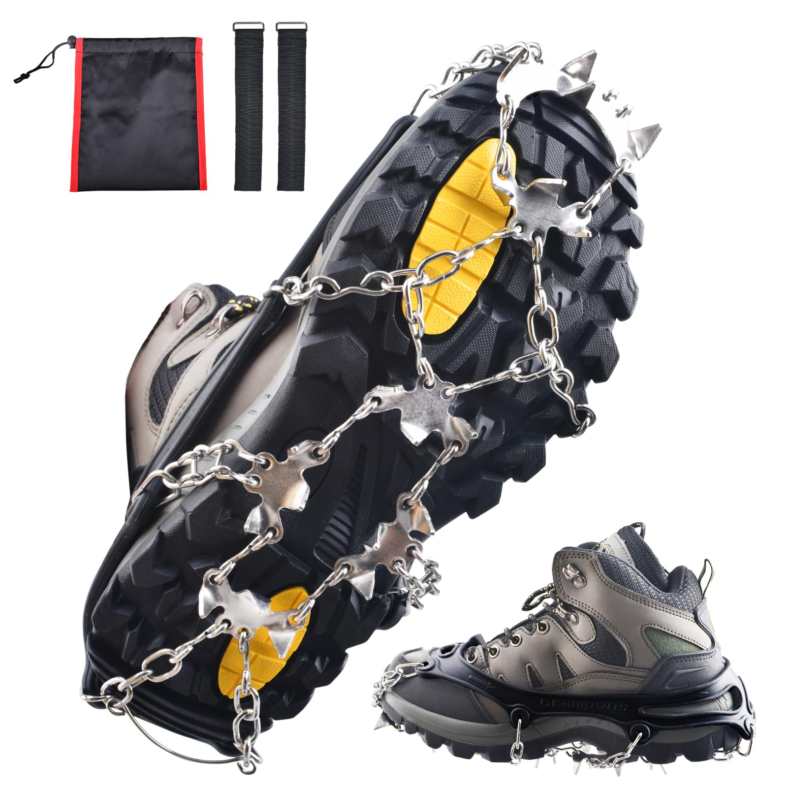 Azarxis Crampons Ice Traction Cleats Snow Grips for Boots Shoes with Anti Slip 24 Stainless Steel Spikes for Walking Climbing Hiking Ice Fishing for Men Women Kids (Black - M)