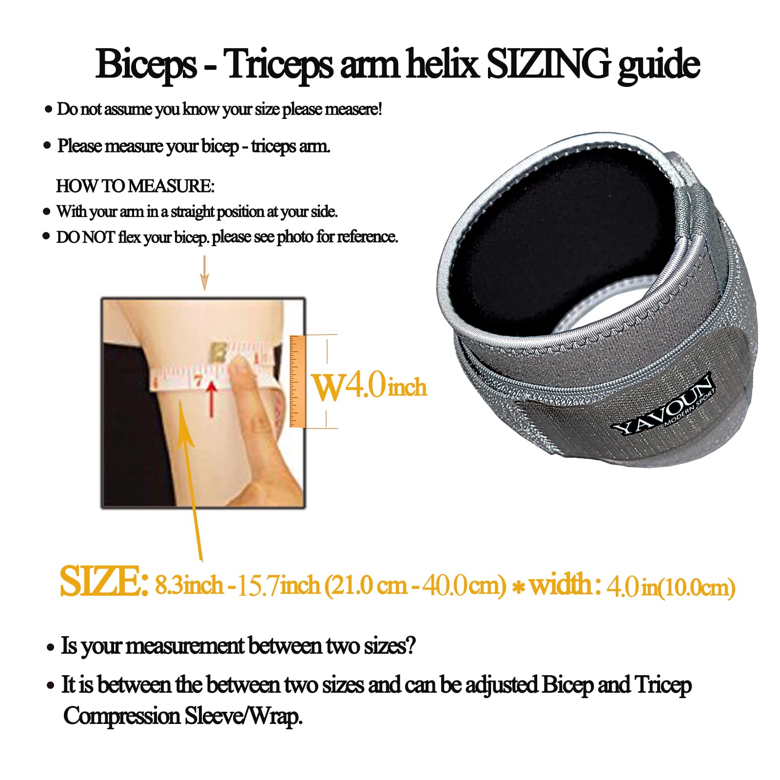 YAVOUN Bicep ＆ Tricep Compression Sleeve/Wrap - Tricep Tendonitis, Bicep Tendonitis - Pain Relief for Bicep and Triceps Muscle Strains, Compression Arm Support (8.3 Inch - 15.7 Inch W4 Inch, Grey)