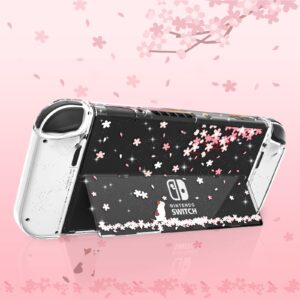 Switch OLED Protective Case, Switch OLED Clear Case with Tempered Glass Screen Protector and Thumb Grips - Cherry Blossom